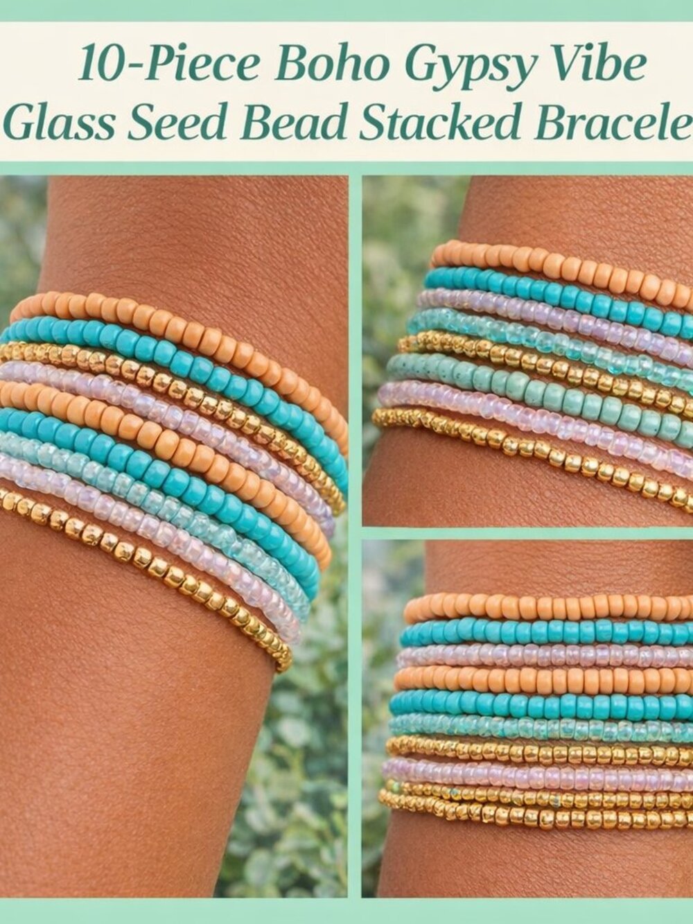 Womens Festival Vibrant 10 Strands Boho Coastal Beach Vibes Stretch Bracelet